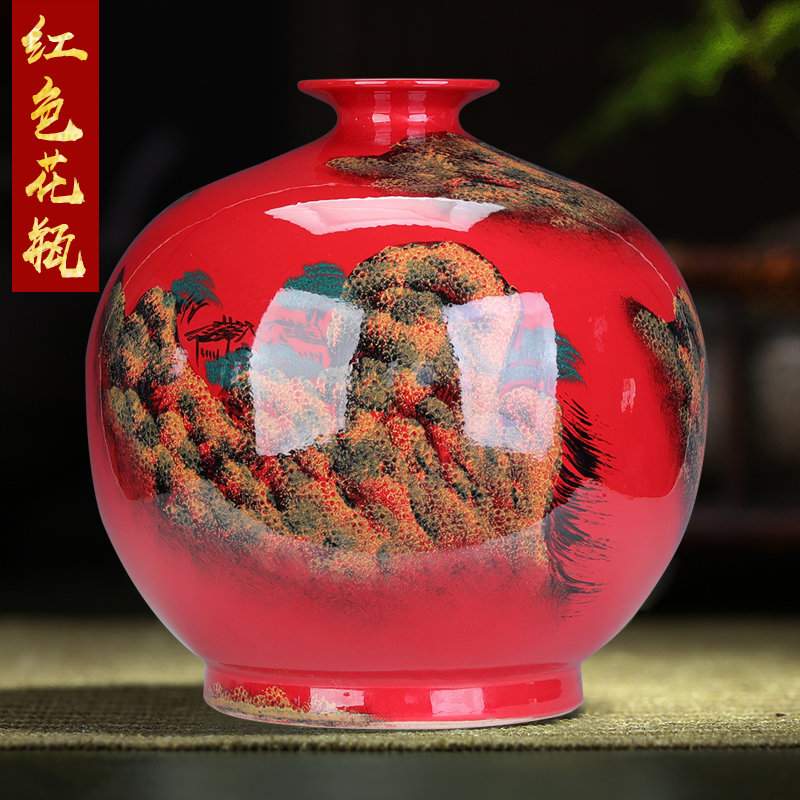 客厅红色圆肚大花瓶摆件景德镇陶瓷器中国红装饰品插花瓷瓶子结婚