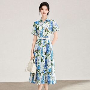 南油高品质法式印花名媛气质翻领衬衫式连衣裙女夏季新款