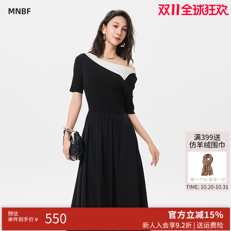 曼诺比菲商场同款2025冬季不规则拼接领口毛织连衣裙女SGOL171008