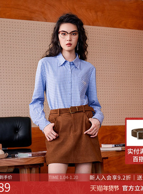 曼诺比菲商场同款2025冬季简约直筒开衫polo领格子衬衣MGES145175