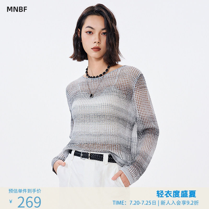 曼诺比菲商场同款夏季圆领针织镂空长袖套头毛织衫MGCM124063