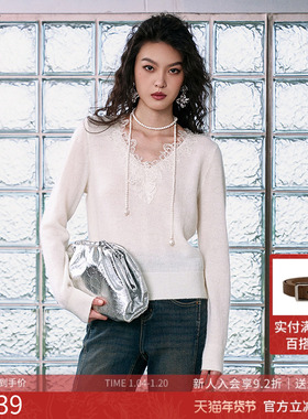 曼诺比菲商场同款2025冬季简约v领蕾丝花边套头毛衣女MGCM144202