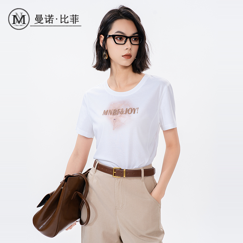 曼诺比菲商场同款2025夏季圆领绣花字母短袖T恤上衣女MGBT122129