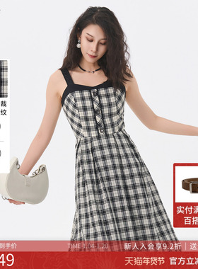 曼诺比菲商场同款2025春季复古拼接修身格子吊带连衣裙MGAL113054