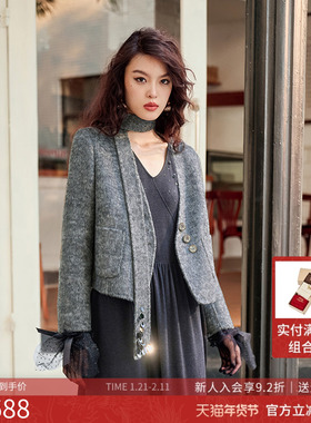 曼诺比菲商场同款2025冬季优雅气质v领短款双面呢外套SGEG142041