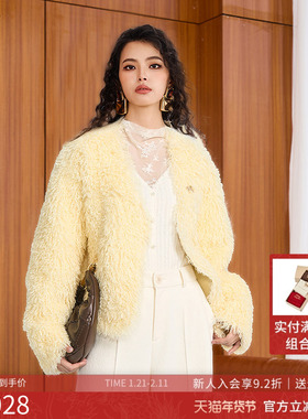 曼诺比菲商场同款2025冬季长毛卷直筒v领短款外套上衣SGJG143250