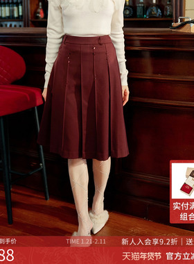 曼诺比菲商场同款2025冬季复古摩登高腰a字百褶半身裙SGEQ142095