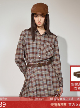 曼诺比菲商场同款2025秋简约休闲百搭翻领格纹长袖衬衫MGES135134