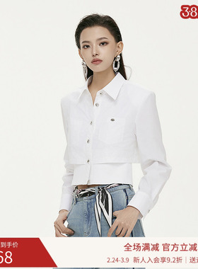 曼诺比菲商场同款春春秋直筒翻领拼接长袖衬衫上衣EGES116088