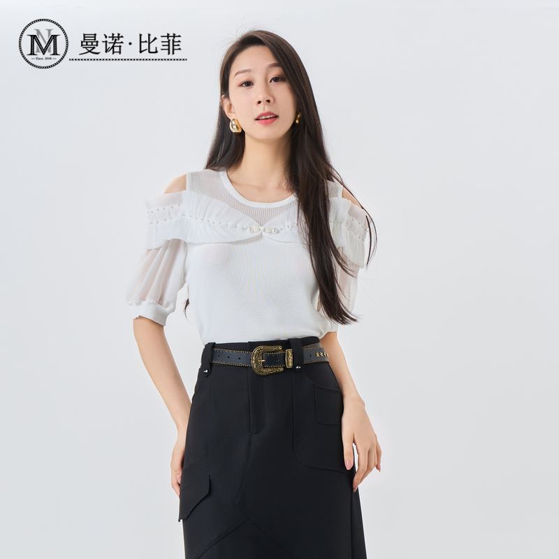 冰丝拼接蝴蝶结盘扣钉珠短袖