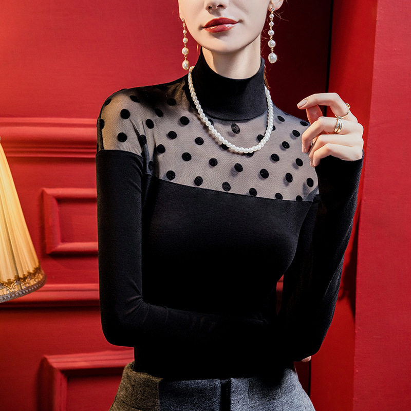 春装新款黑色半高领打底衫女装长袖磨毛t恤波点蕾丝网纱拼接上衣