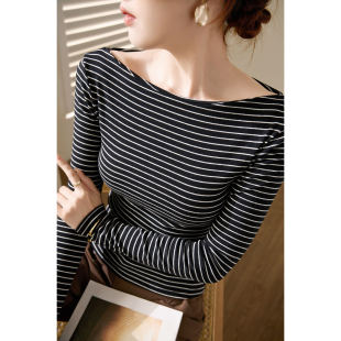 纯棉打底衫 修身 高级感上衣 T恤女2026春秋新款 复古条纹一字领长袖