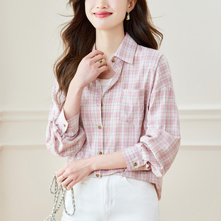小衫 纯棉格子衬衫 衬衣薄款 休闲宽松显瘦长袖 外套女2026春夏季 新款