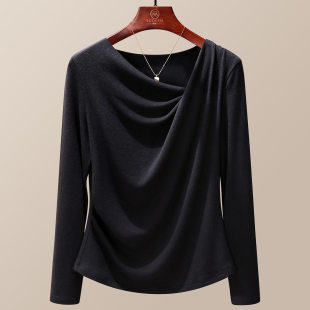 气质百搭上衣 不规则荡领长袖 设计感皱褶显瘦T恤女2026春秋季 新款