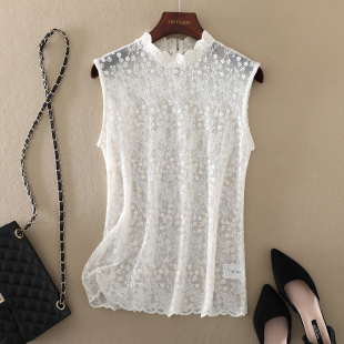 蕾丝打底衫 立领无袖 女宽松刺绣内搭绣花蕾丝上衣 气质女装 春夏新款