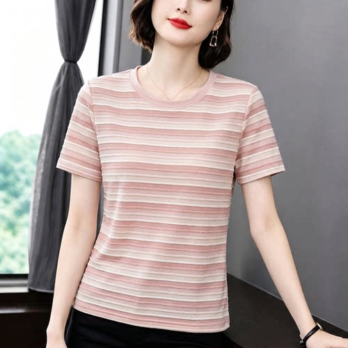 正肩条纹短袖圆领T恤女2026新款夏季洋气宽松大码上衣半袖体恤衫