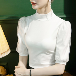 棉t半高领白色T恤女五分袖 中袖 修身 小衫 上衣 网纱拼接女装 2026春季