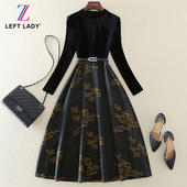 黑色显瘦A字裙长袖 2025秋冬新款 气质女装 刺绣拼接金丝绒连衣裙子