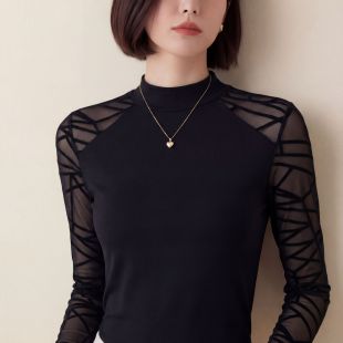 拼接半高领打底衫 t恤小衫 气质黑色女装 长袖 上衣内搭修身 春秋新款