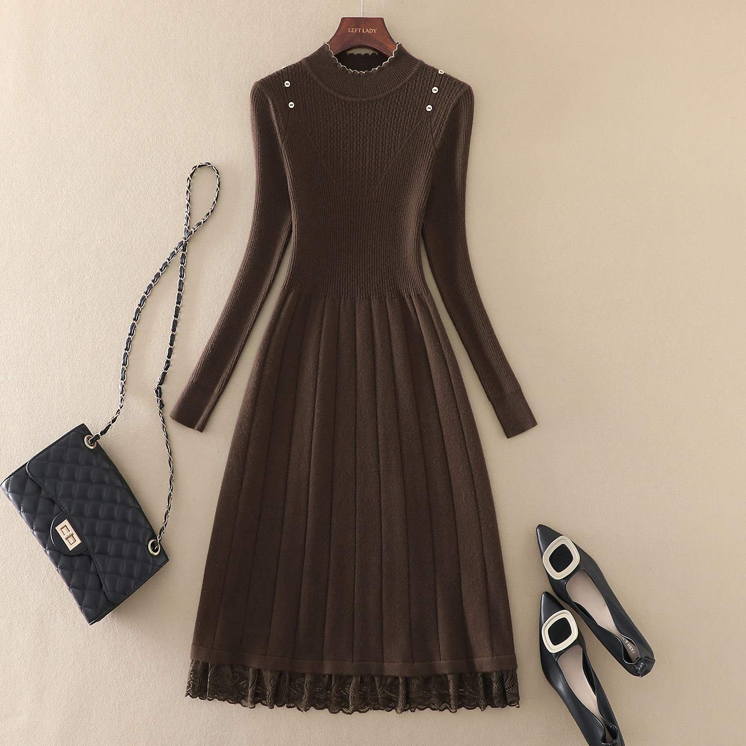 秋冬新款高端气质女装中长款修身显瘦长袖A字毛衣裙针织连衣裙子