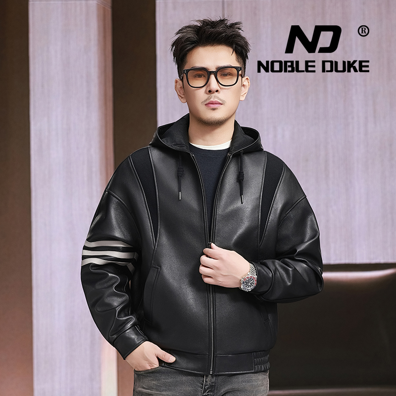 头层山羊皮男士连帽皮衣
