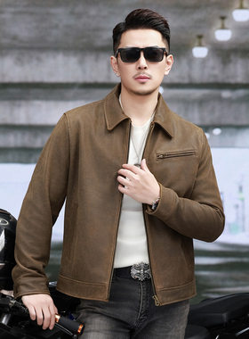 新款1930男士真皮皮衣头层牛皮1.3mm无涂磨砂翻领机车皮夹克棕色