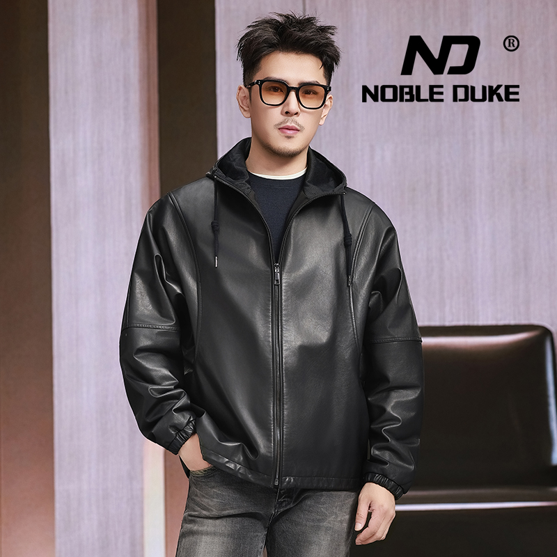 头层油蜡小牛皮男士连帽皮衣外套