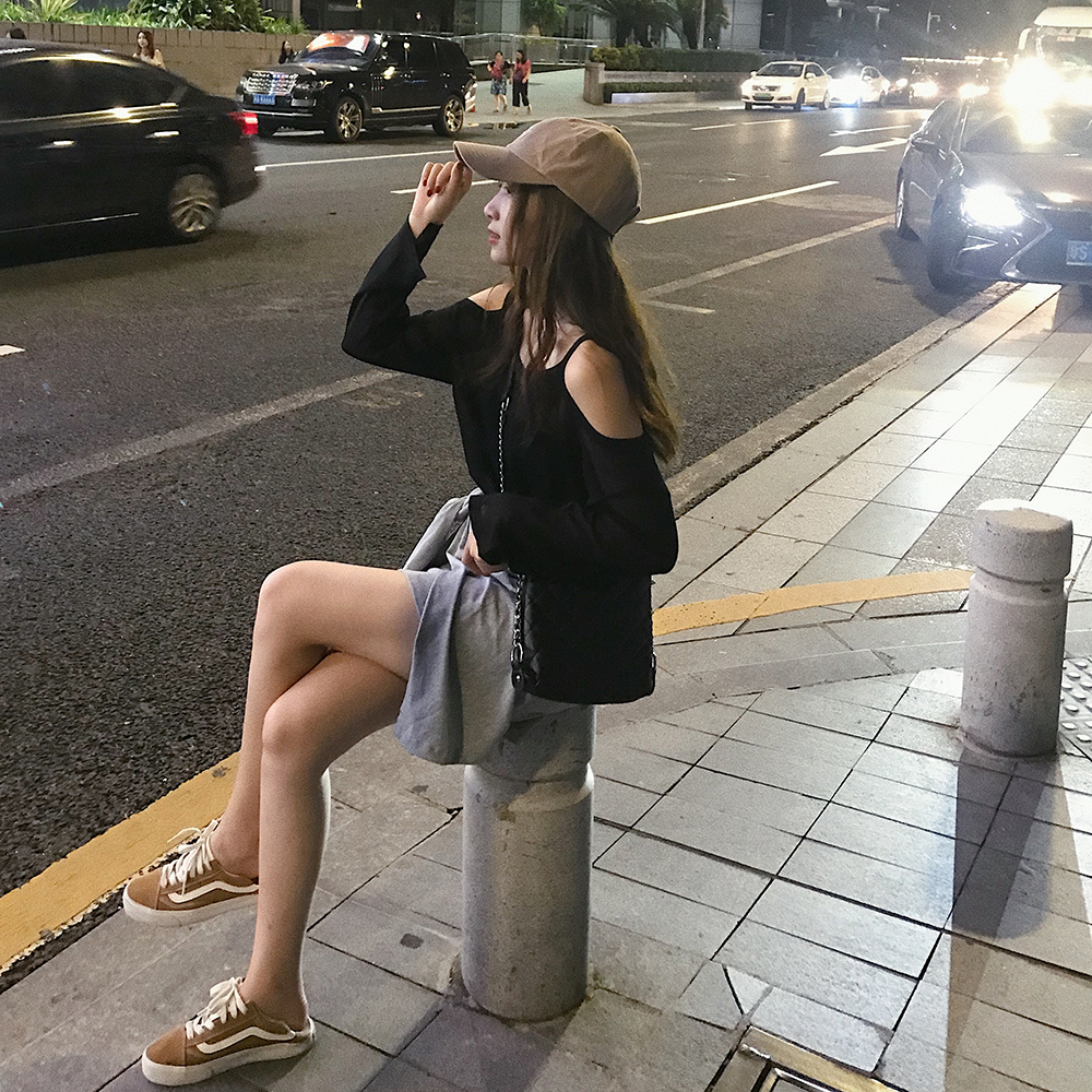 kumayes 韩版夏秋新款2018宽松显瘦气质露肩纯色打底针织衫女长袖