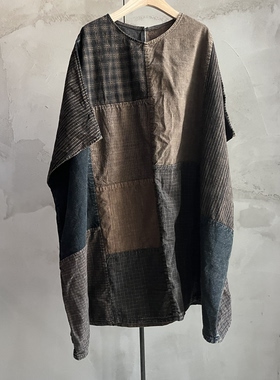 沉香布衣草堂老布拼接套头上衣中长衣无袖袍古古麦随拼