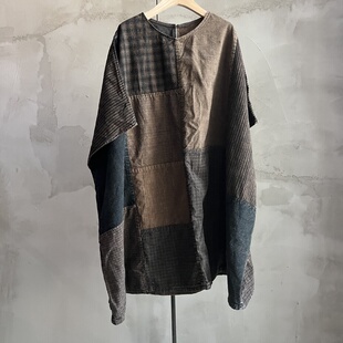 沉香布衣草堂老布拼接套头上衣中长衣无袖袍古古麦随拼