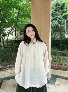 沉香布衣草堂衣路走来26110小立领八分袖盘扣复古做旧亚麻套头衫a