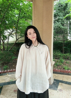 沉香布衣草堂衣路走来26110小立领八分袖盘扣复古做旧亚麻套头衫a