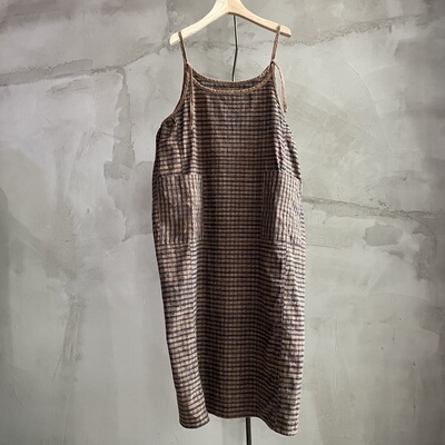 沉香布衣草堂老布格子柿染吊带长背心裙可调系带古古麦G25a10208