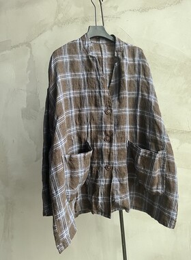 复古格子衬衫 亚麻西装领开衫 宽松文艺百搭 复古休闲短衣自制