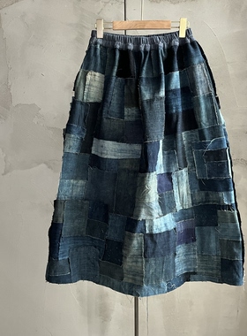 沉香布衣草堂蓝染老布拼接半裙长裙自制单层碎拼后开叉面料随拼