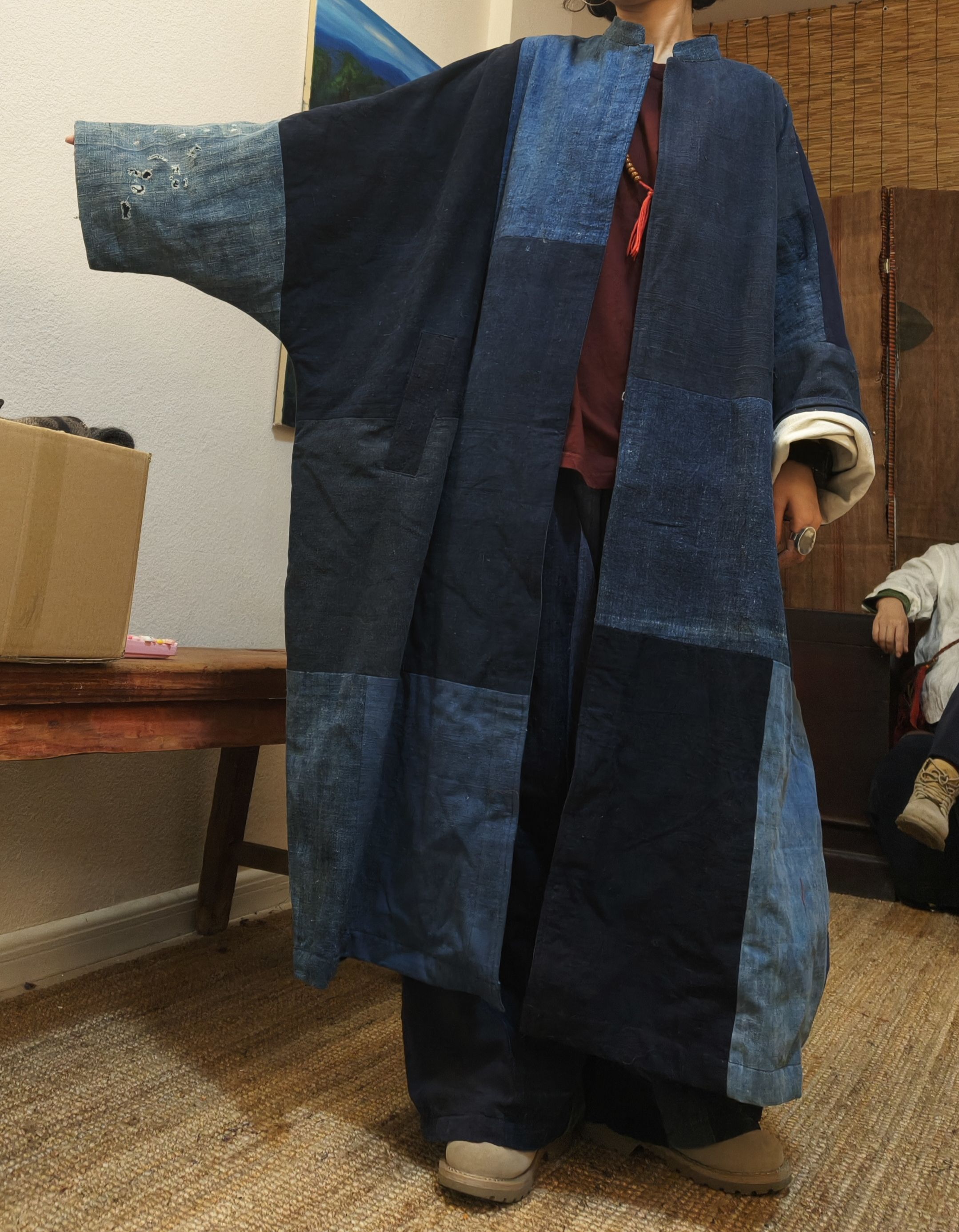 沉香布衣草堂 原创自制蓝染老布超宽松随机拼接开衫长衣外套