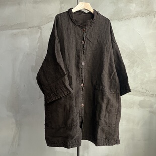 沉香布衣草堂 亚麻双层开衫自制中长衣 宽松休闲外套
