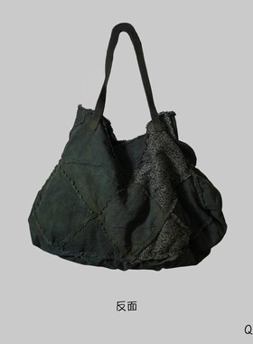 沉香布衣草堂几见植物染墨绿拼接复古文艺休闲单肩包Q32702改