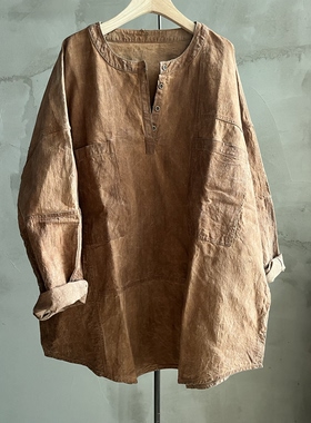 沉香布衣草堂 老布柿染套头衬衫 圆领半开气上衣中长衣古古麦