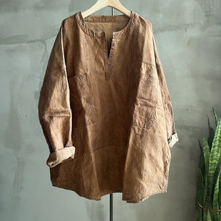 沉香布衣草堂 老布柿染套头衬衫 圆领半开气上衣中长衣古古麦