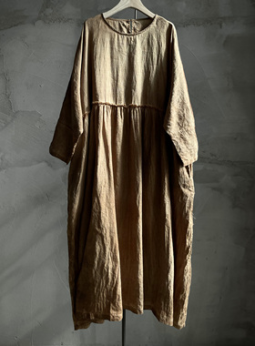 沉香布衣草堂长衣 柿染亚麻宽松连衣裙 2025早秋古古麦G25u07120