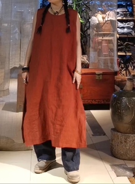 沉香布衣草堂长背心 亚麻 自制背心裙 高开叉坎袖连衣裙a