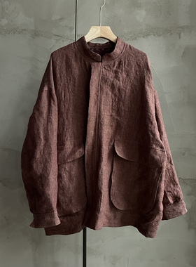 沉香布衣草堂自制长衣风衣外套2025秋双层开衫色织亚麻C25u09184