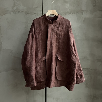 沉香布衣草堂自制长衣风衣外套2025秋双层开衫色织亚麻C25u09184