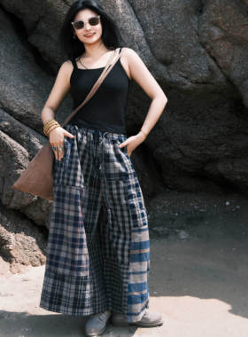 沉香布衣草堂原创 老布拼接格纹条纹阔腿裤颜色随拼 G25U04073