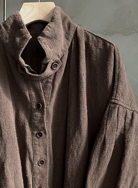 沉香布衣草堂自制长衣开衫风衣工装立领外套肌理粗麻C25a09190