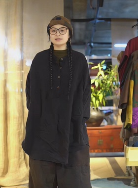 沉香布衣草堂汉麻长袖套头衫自制中长衣 宽松半开领大衫C25u08150