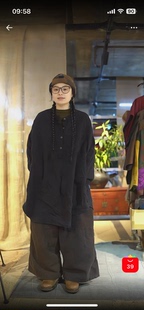沉香布衣草堂汉麻长袖 自制中长衣 宽松半开领大衫 C25u08150 套头衫