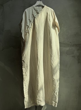 沉香布衣草堂 盘扣旗袍连衣裙长衣亚麻自制新中式无袖袍C25u03036