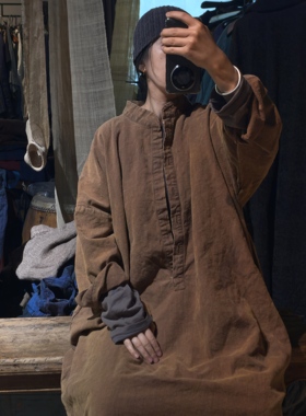 沉香布衣草堂套头连衣裙长衣亚麻自制半开立领做旧长袍C25u03045